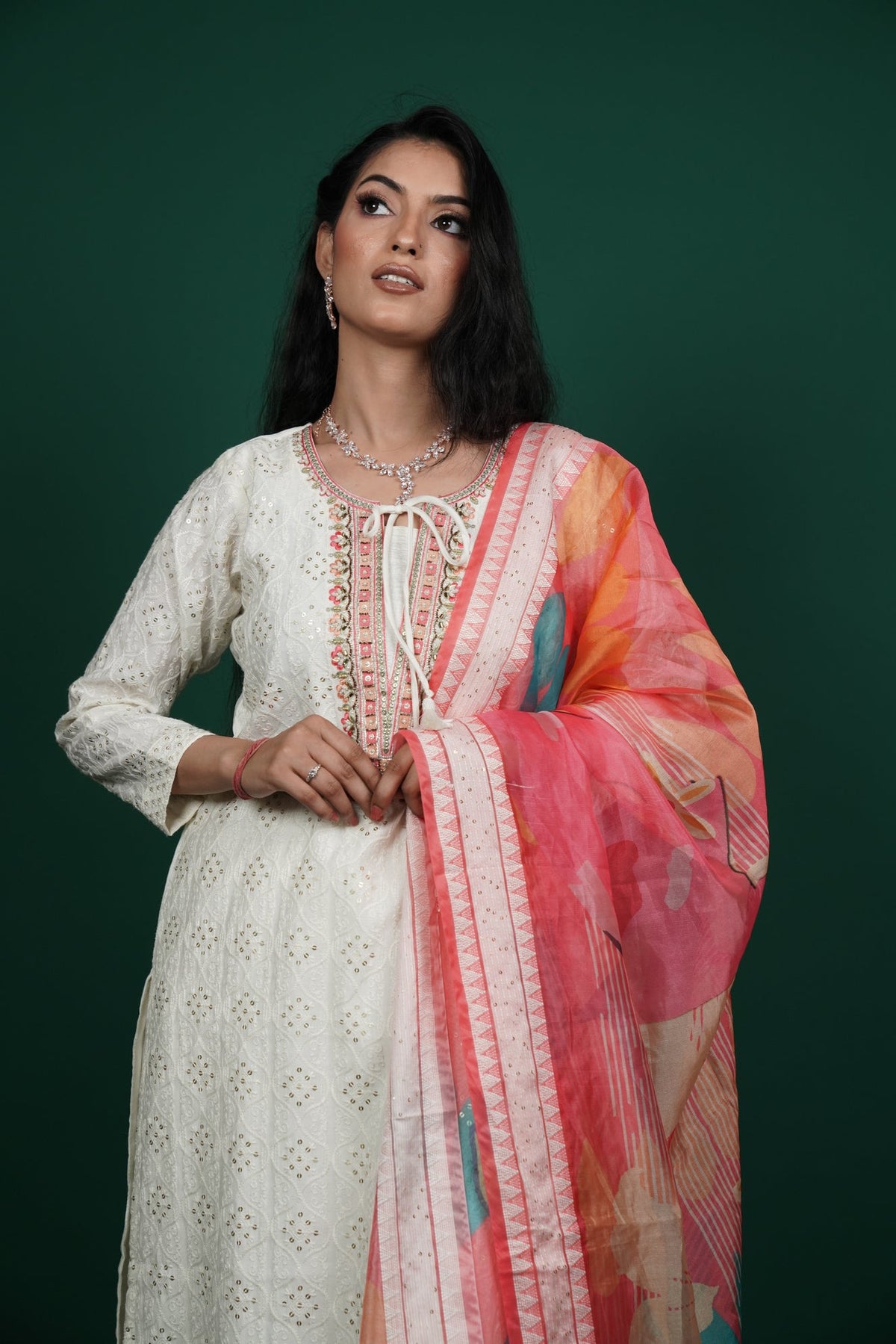 Off-White Chikankari Kurti Set with Multicolored Dupatta from House of Daisy