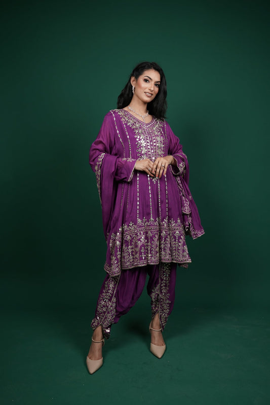 Purple chiffon kurti set with tulip pants and gota patti dupatta at House of Daisy, Gurgaon