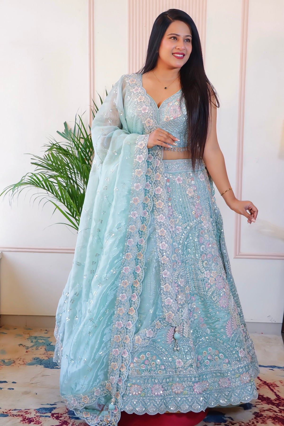 Pastel Mint Green Silk-Georgette Lehenga from House of Daisy