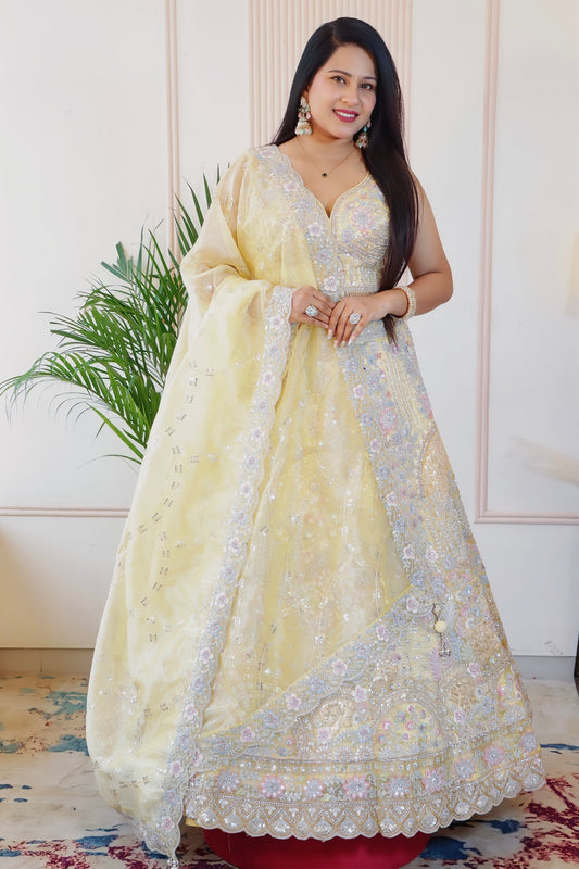 Lemon Yellow Embellished Silk Georgette Lehenga from House of Daisy