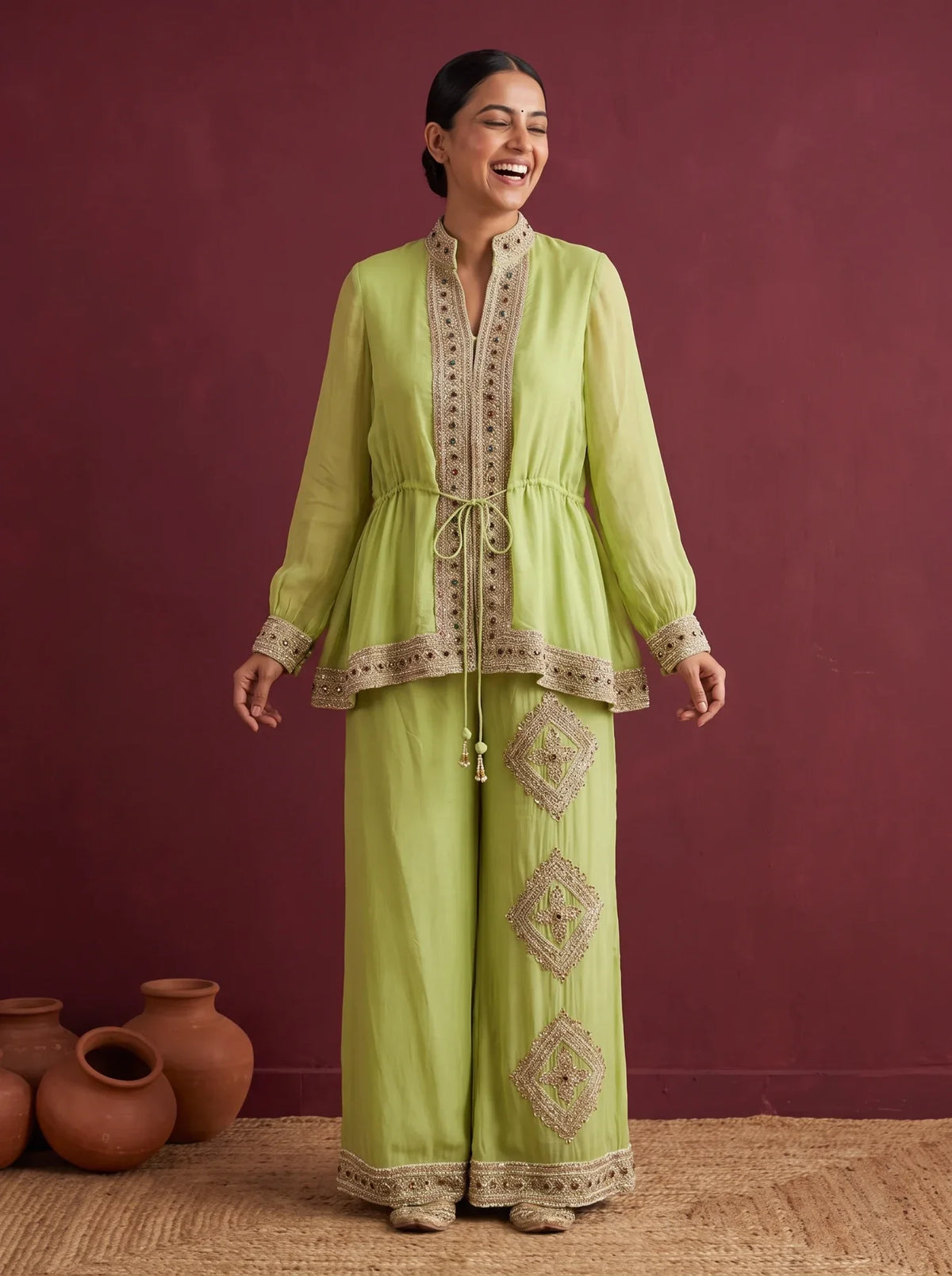 Lime green organza co-ord set from House of Daisy
