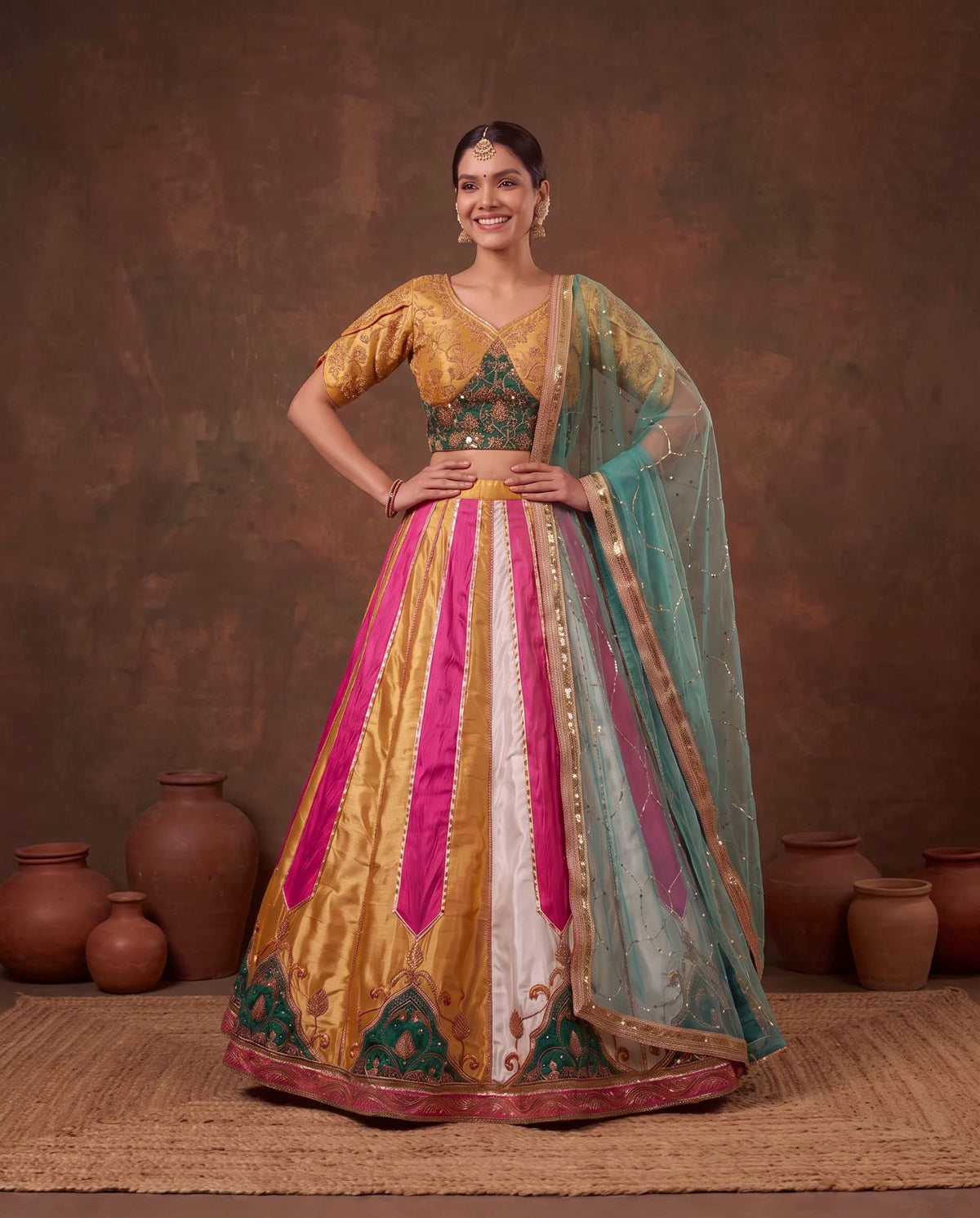 Multicolour raw silk lehenga set at House of Daisy, Golf Course Road