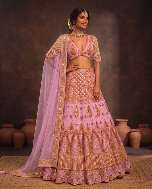 Pastel pink zardozi lehenga from the House of Daisy Durga Puja Edit