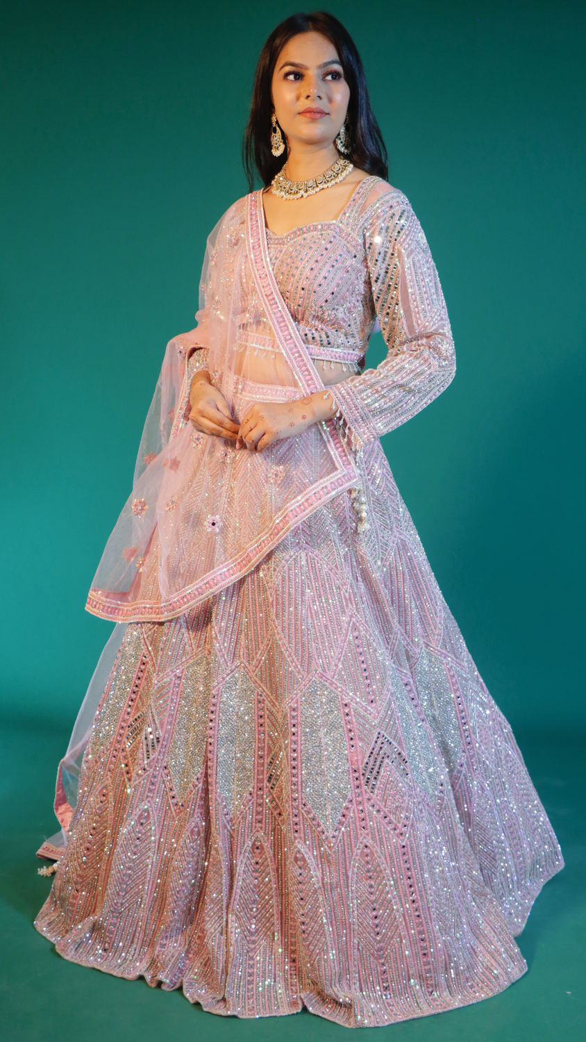 Off White & Pink Net Crop Top Lehenga
