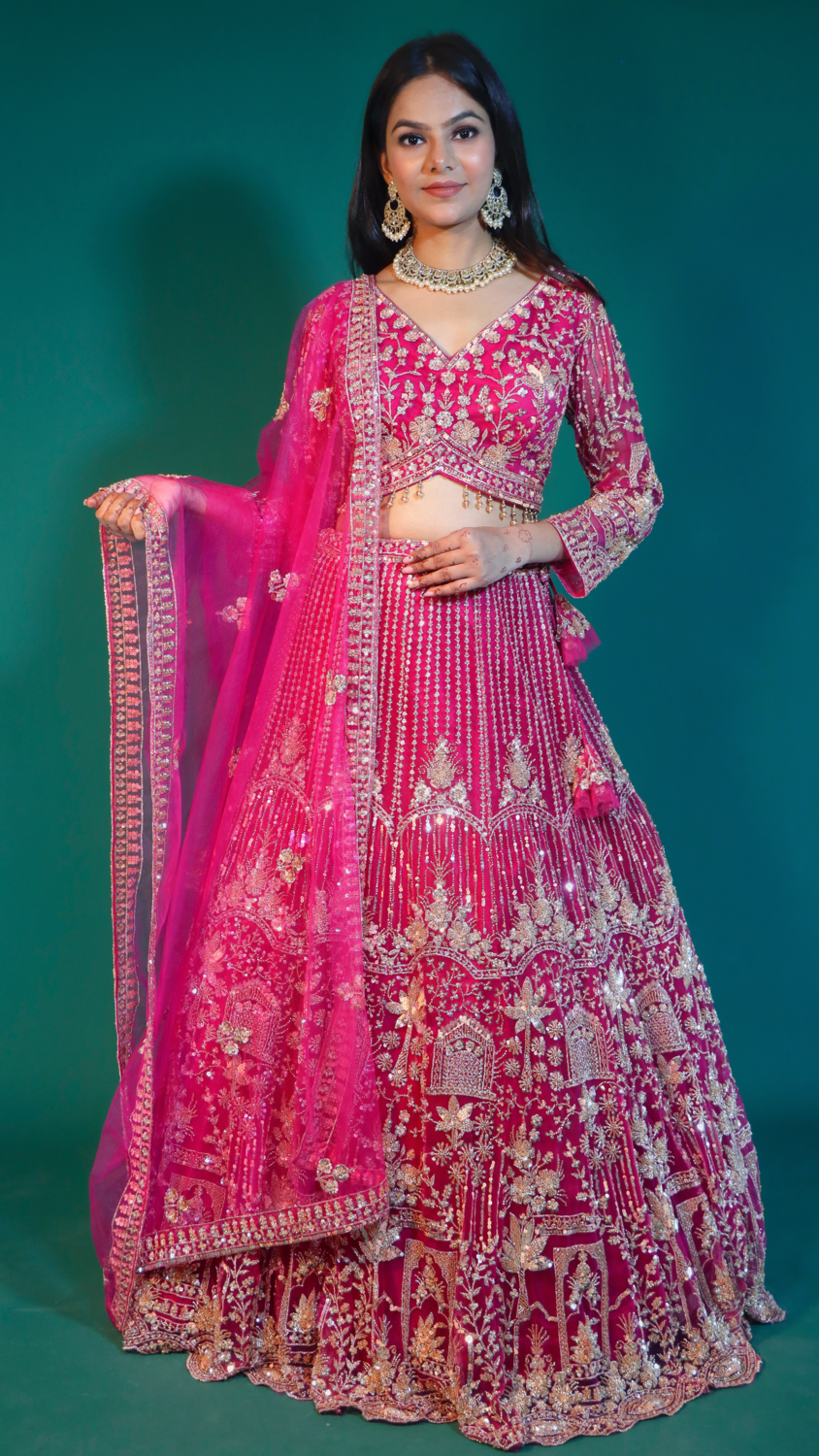 Pink Net Crop Top Lehenga