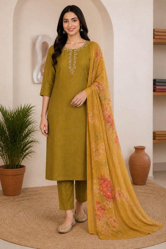 Mustard Bloom Embroidered Kurta Set with Floral Dupatta