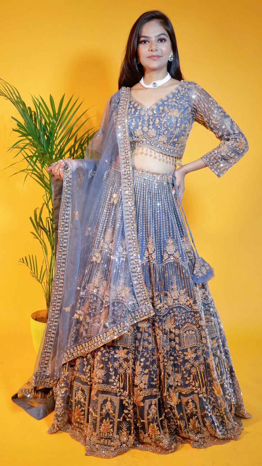 Off Bluish Grey Net Crop Top Lehenga