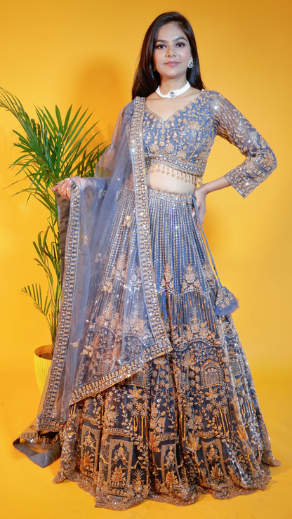Off Bluish Grey Crop Top Lehenga