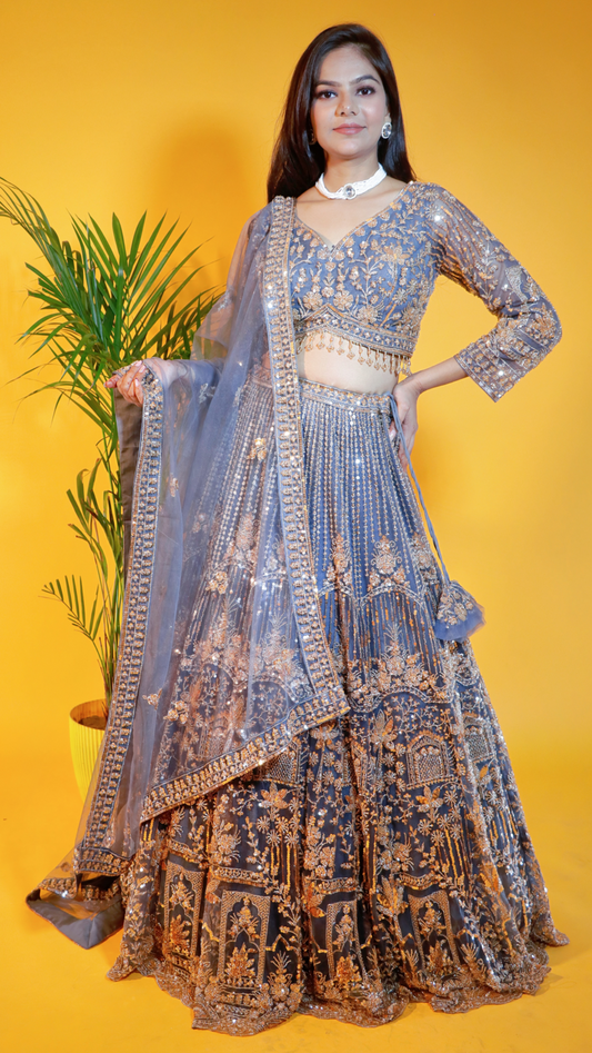 Off Bluish Grey Net Crop Top Lehenga