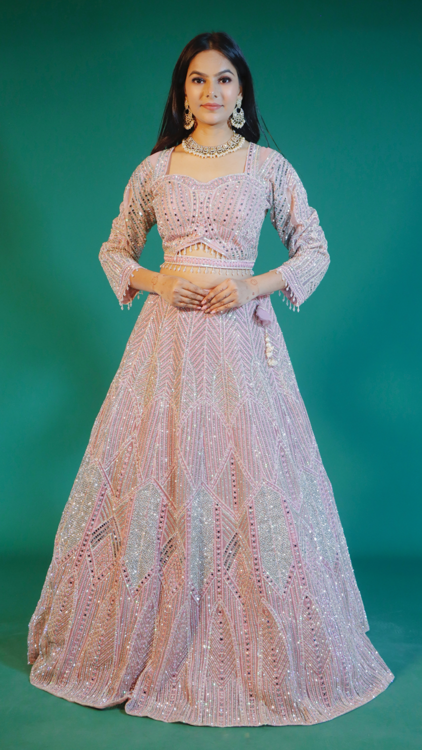Off White & Pink Net Crop Top Lehenga