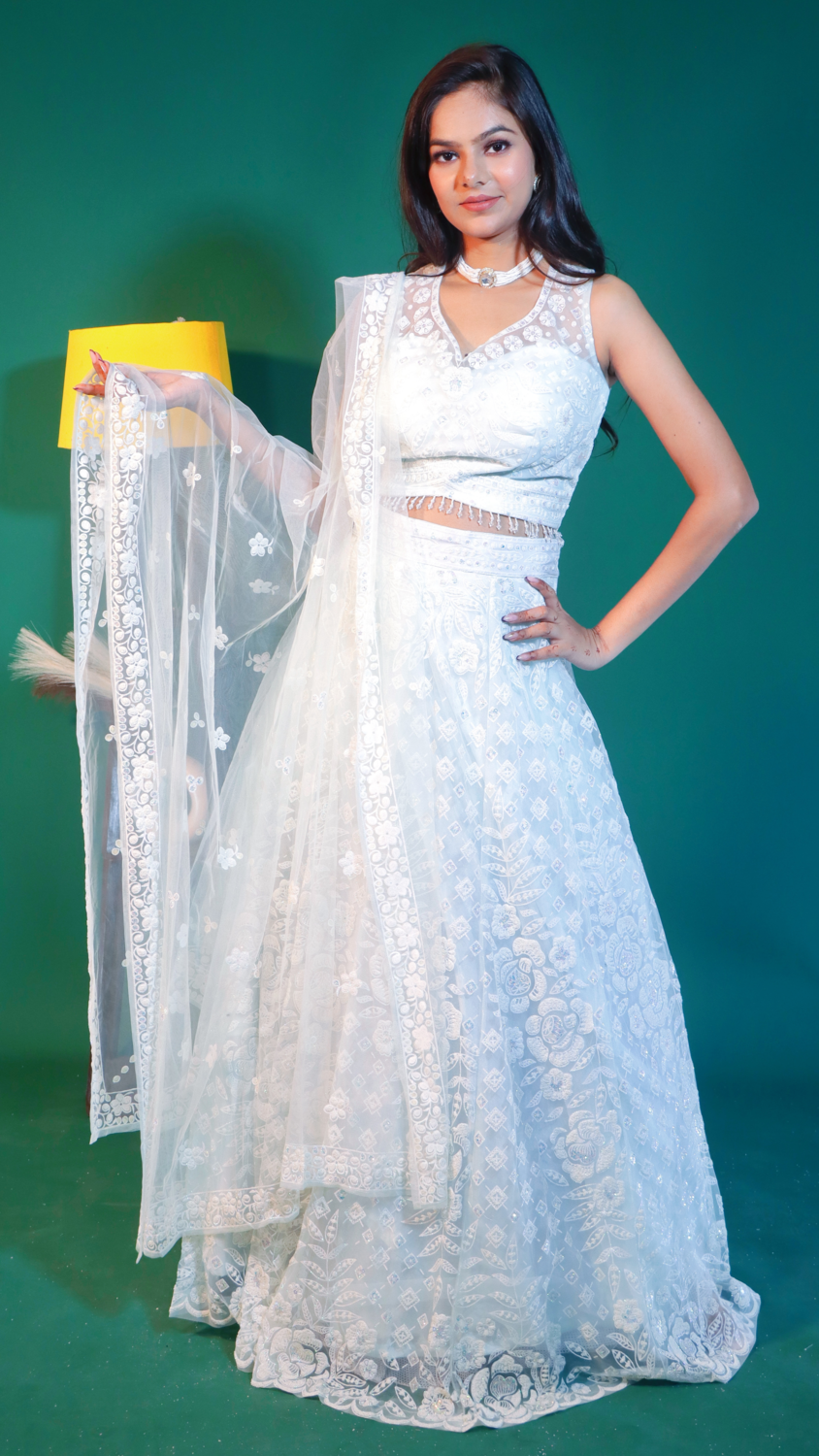 White Net Crop Top Lehenga with Sugarbeads