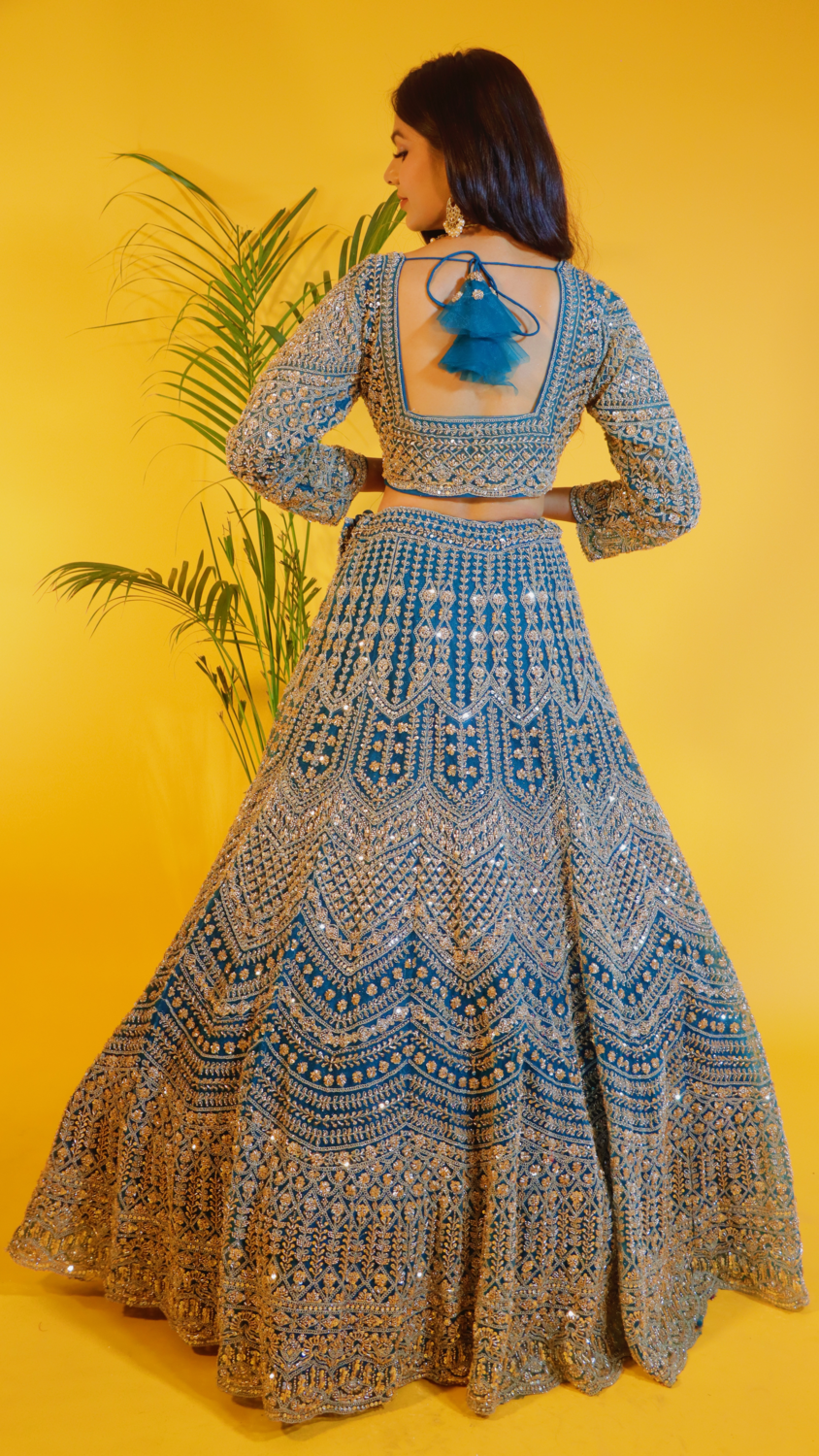 Aqua Blue Net Crop Top Lehenga