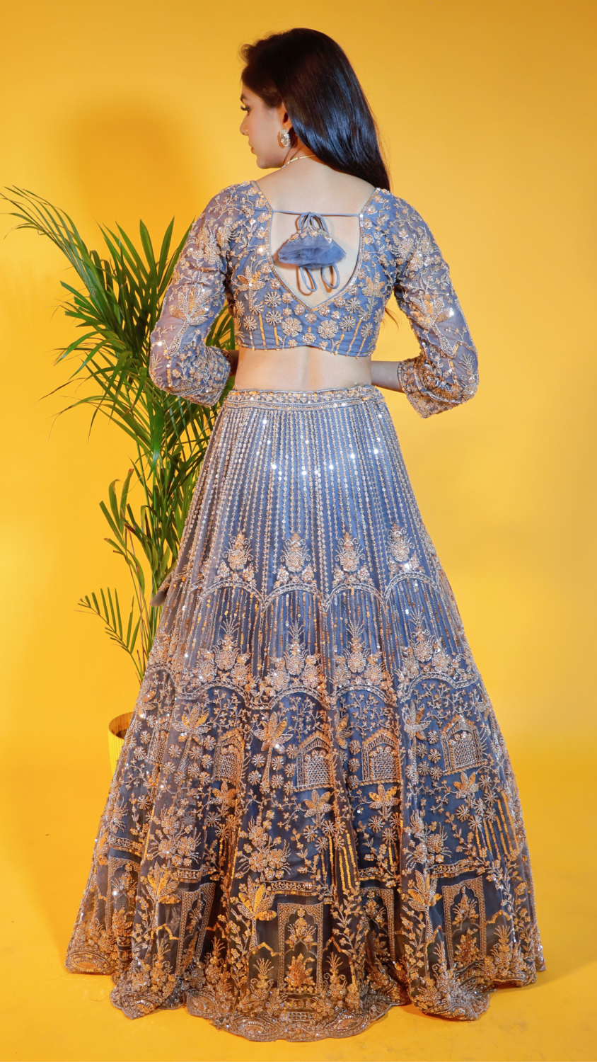 Off Bluish Grey Net Crop Top Lehenga