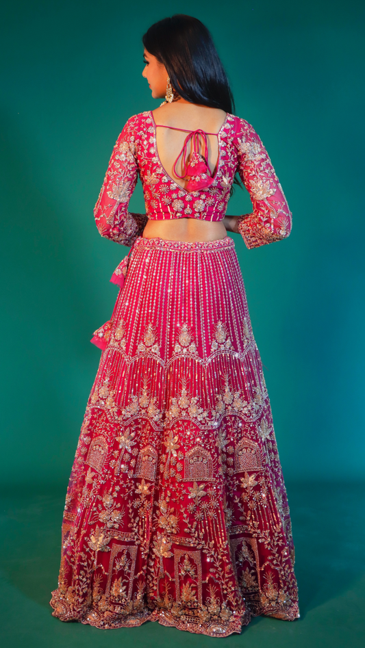 Pink Net Crop Top Lehenga