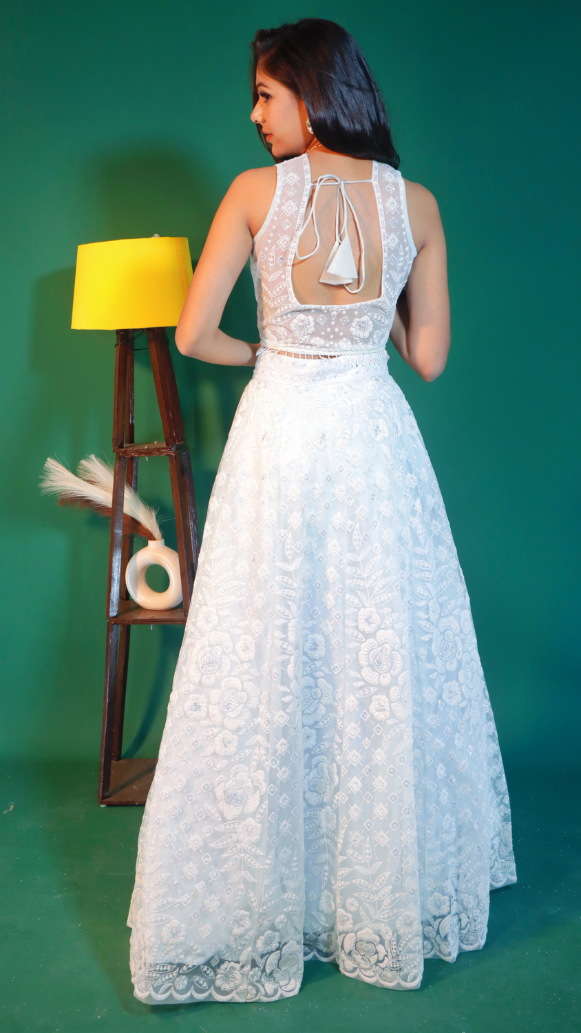 White Net Crop Top Lehenga with Sugarbeads