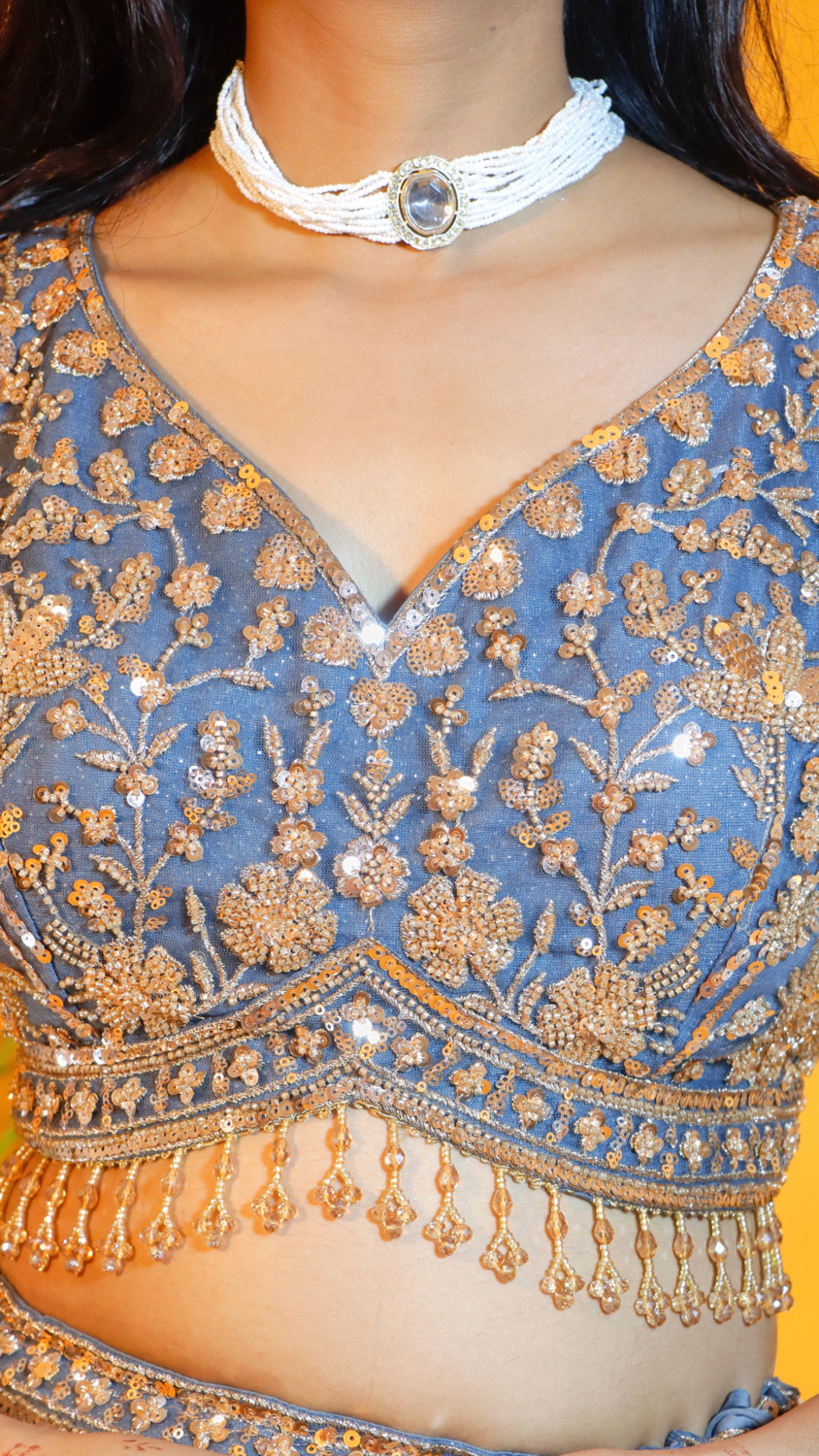 Off Bluish Grey Net Crop Top Lehenga
