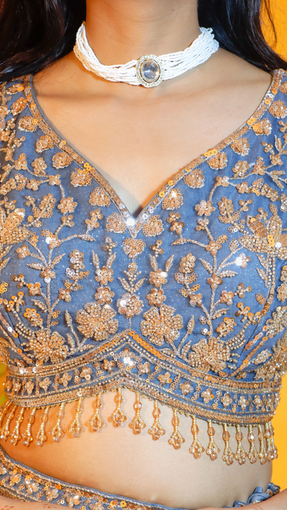 Off Bluish Grey Crop Top Lehenga