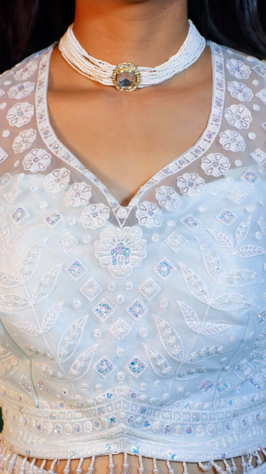 White Net Crop Top Lehenga with Sugarbeads
