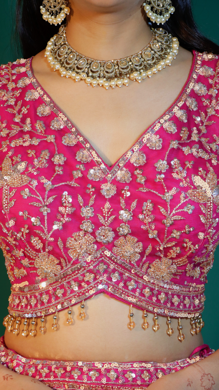 Pink Net Crop Top Lehenga