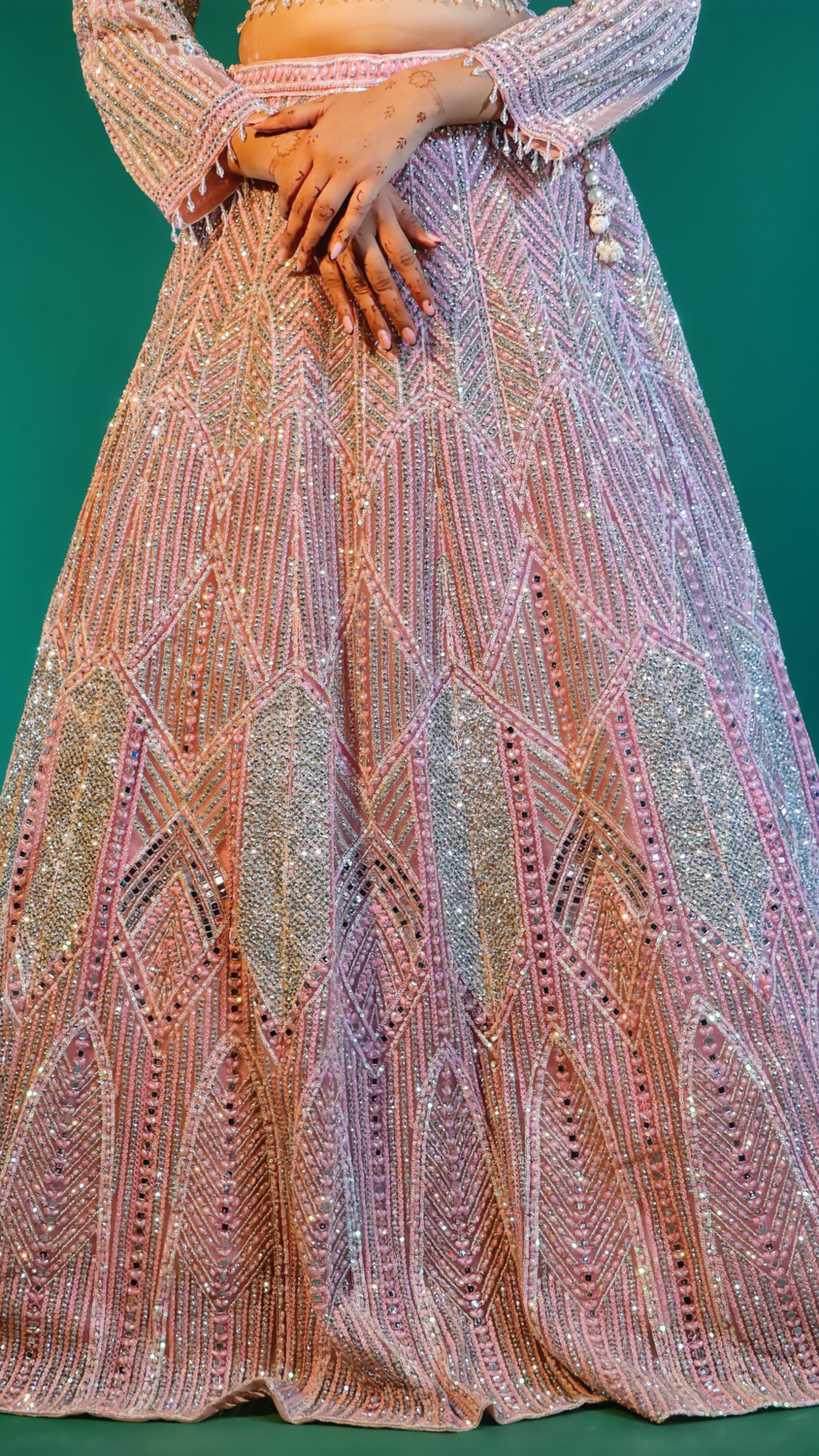 Off White & Pink Net Crop Top Lehenga