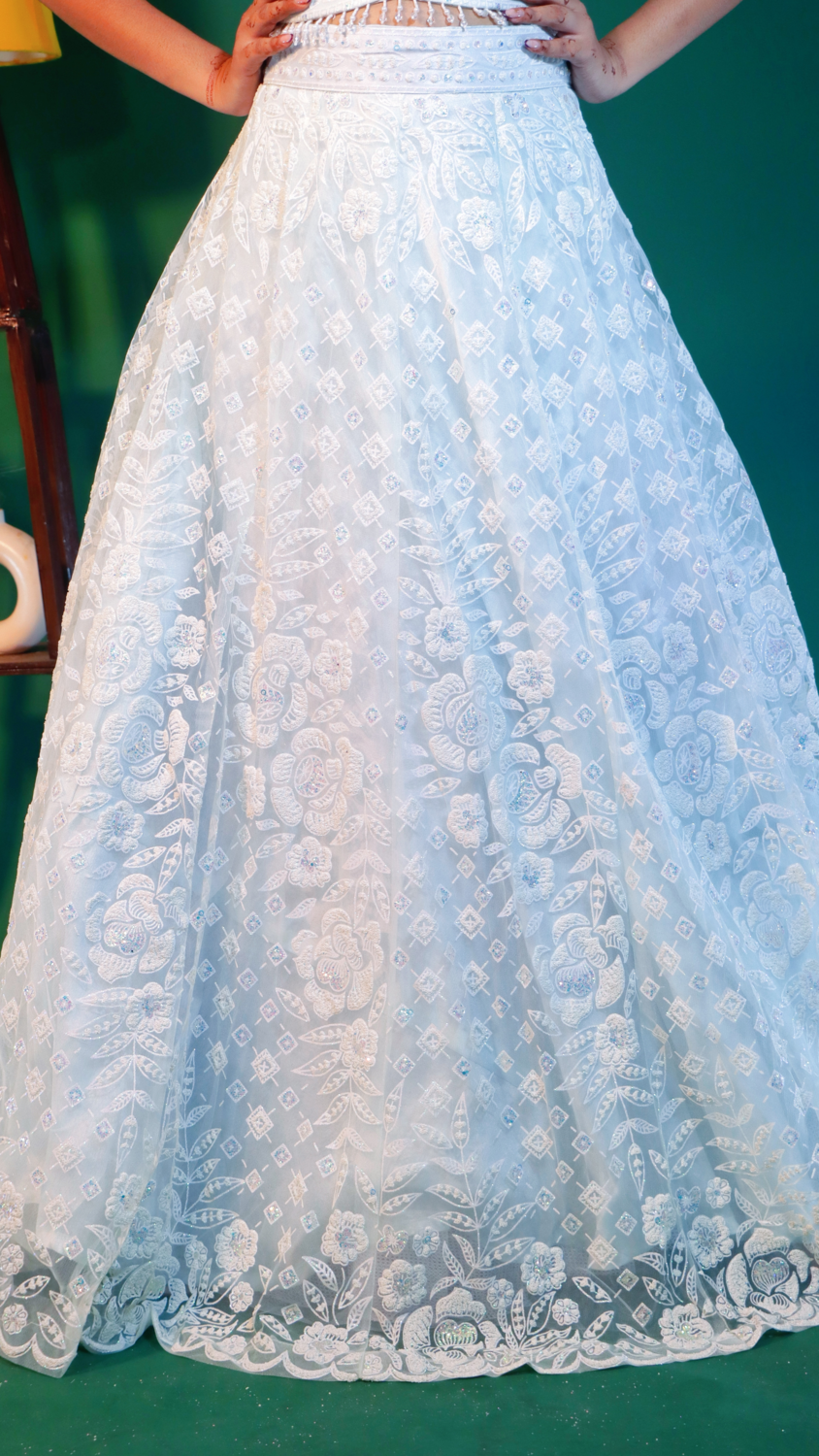 White Net Crop Top Lehenga with Sugarbeads