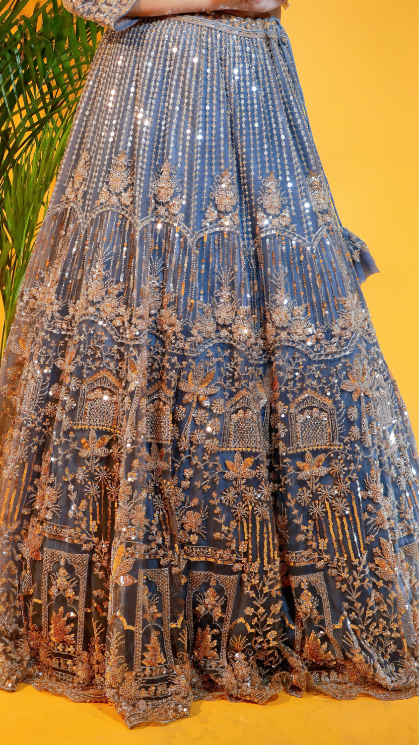 Off Bluish Grey Net Crop Top Lehenga