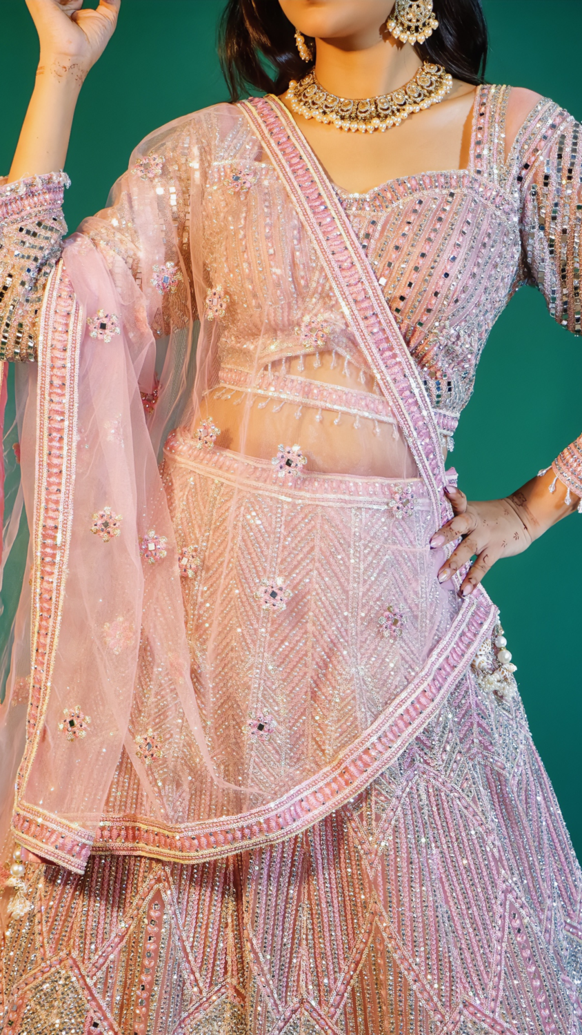 Off White Pink Net Crop Top Lehenga