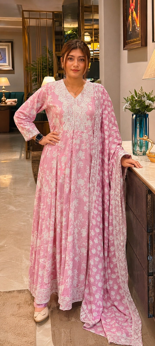 Rosé Bloom Anarkali Suit Set with Dupatta