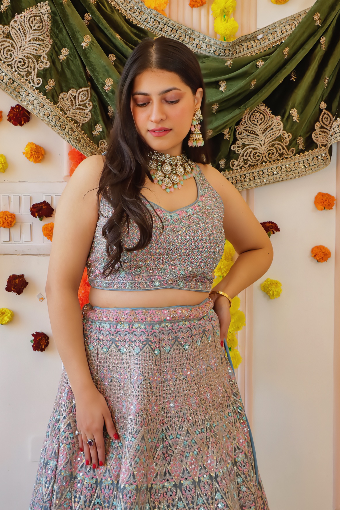Pink Grey Pastel Lehenga
