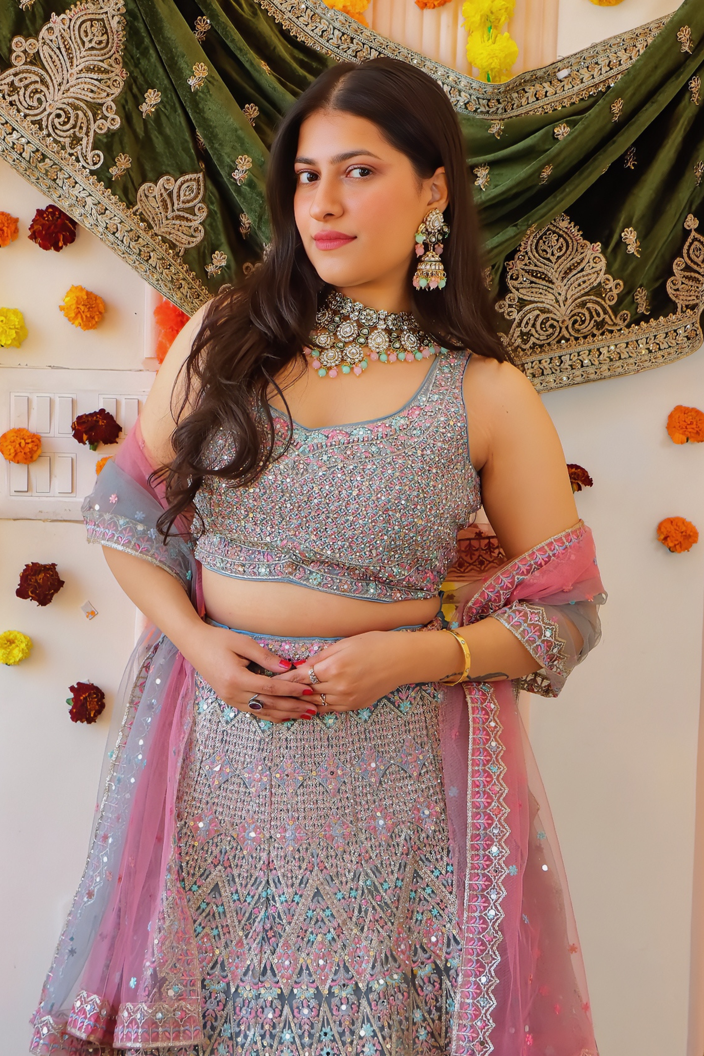 Pink Grey Pastel Lehenga
