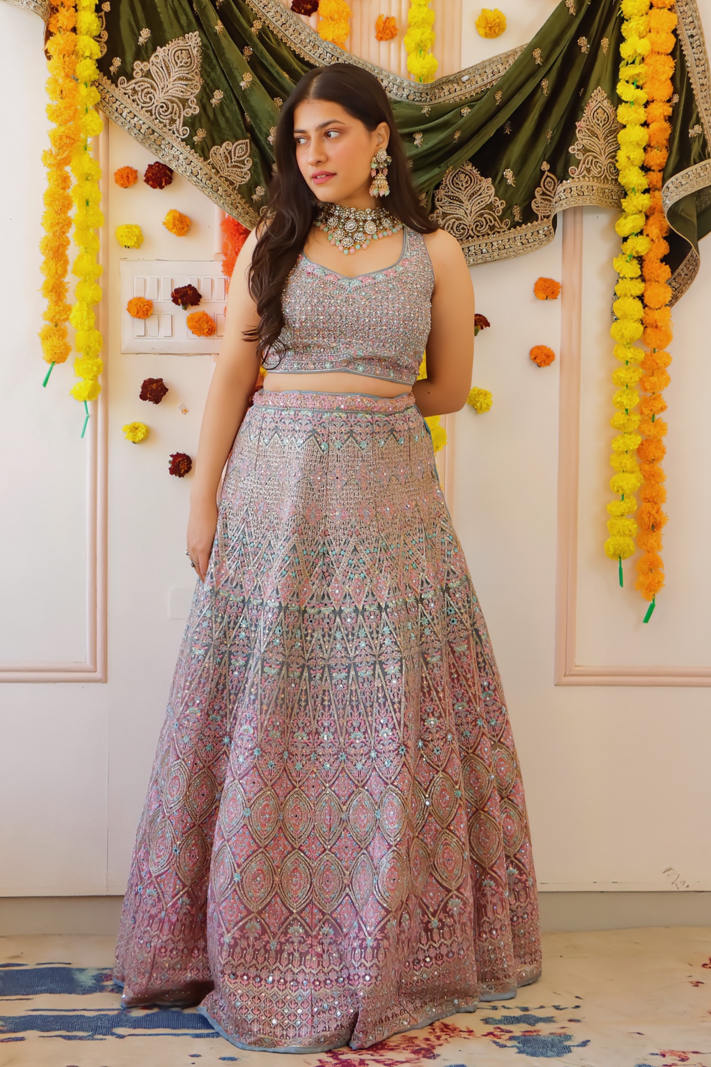 Pink Grey Pastel Lehenga