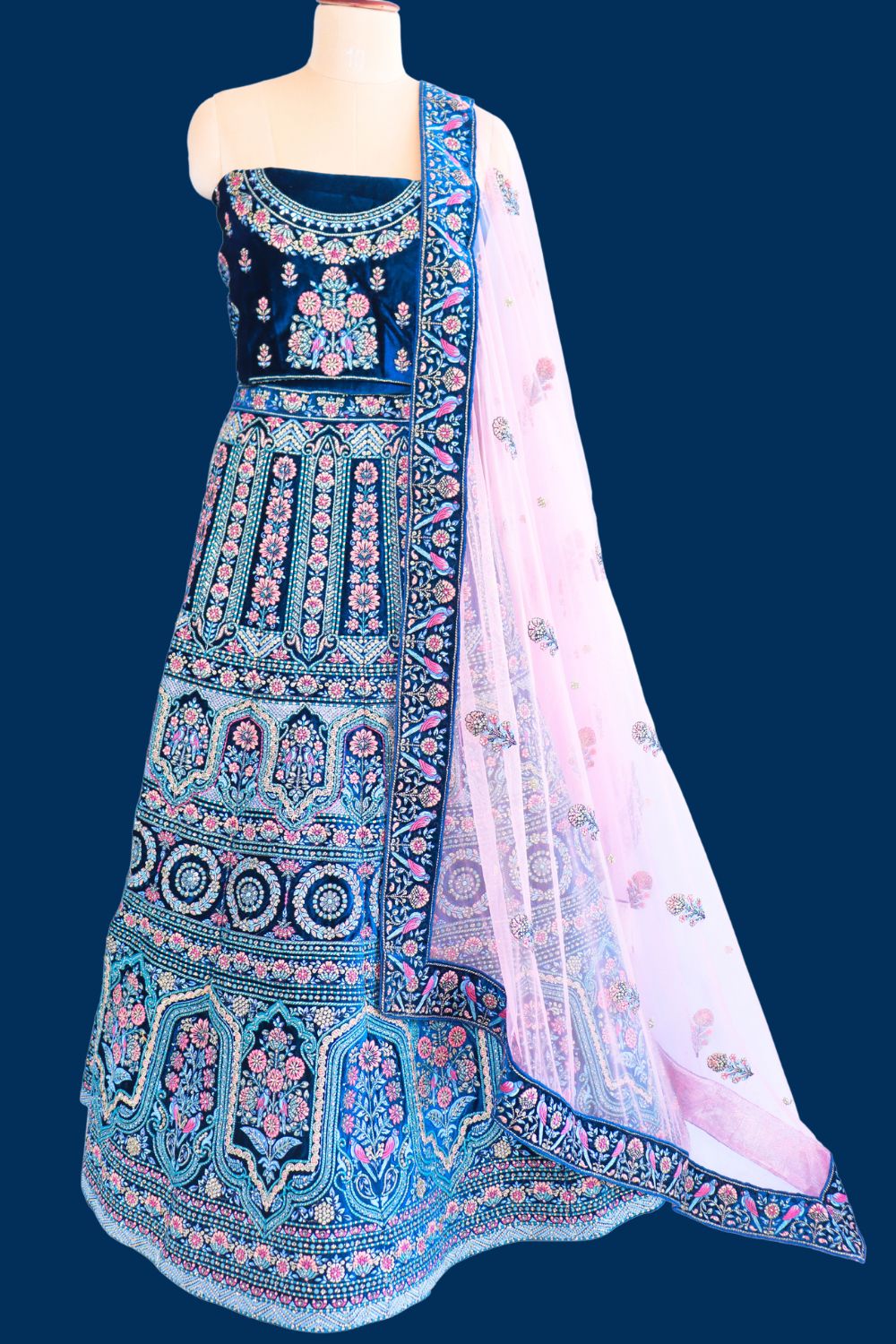 Velvet Bridal Lehenga with Mirror & Zari Work