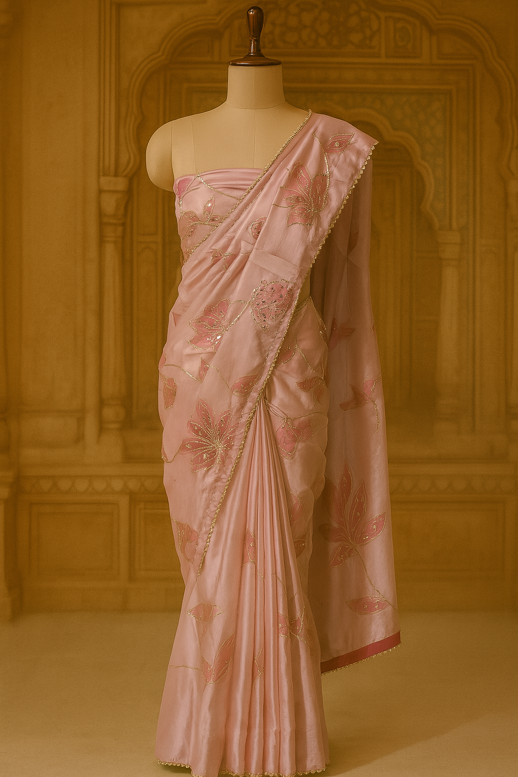 Blush Pink Organza Saree with Hand-Embroidered Floral Motifs and Beaded Border