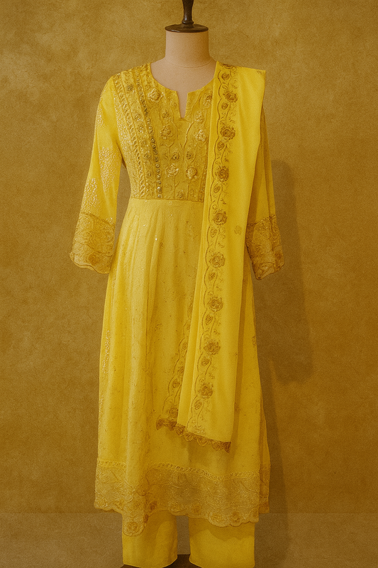 Mustard Yellow Embroidered Kurta Set with Floral Dupatta