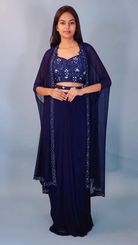 Navy Blue Dhoti Style Dress with Shrug