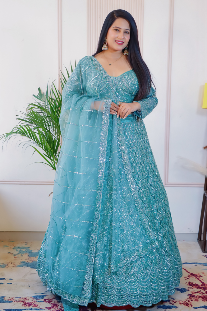 Teal Green Net Lehenga