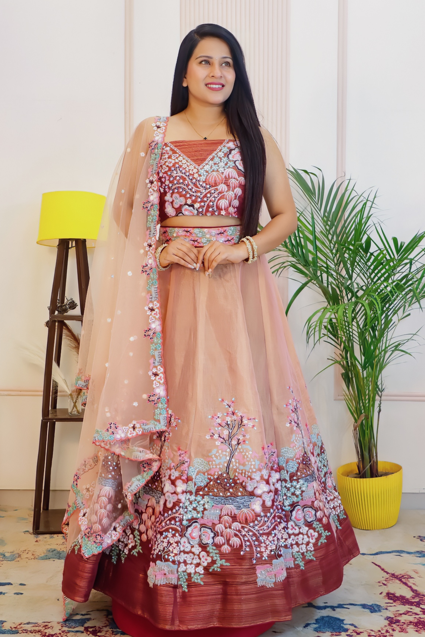 Brown Chinnon Silk Unstitched Lehenga