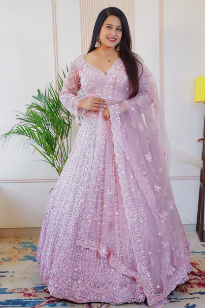 Blush Pink Net Embellished Lehenga Set