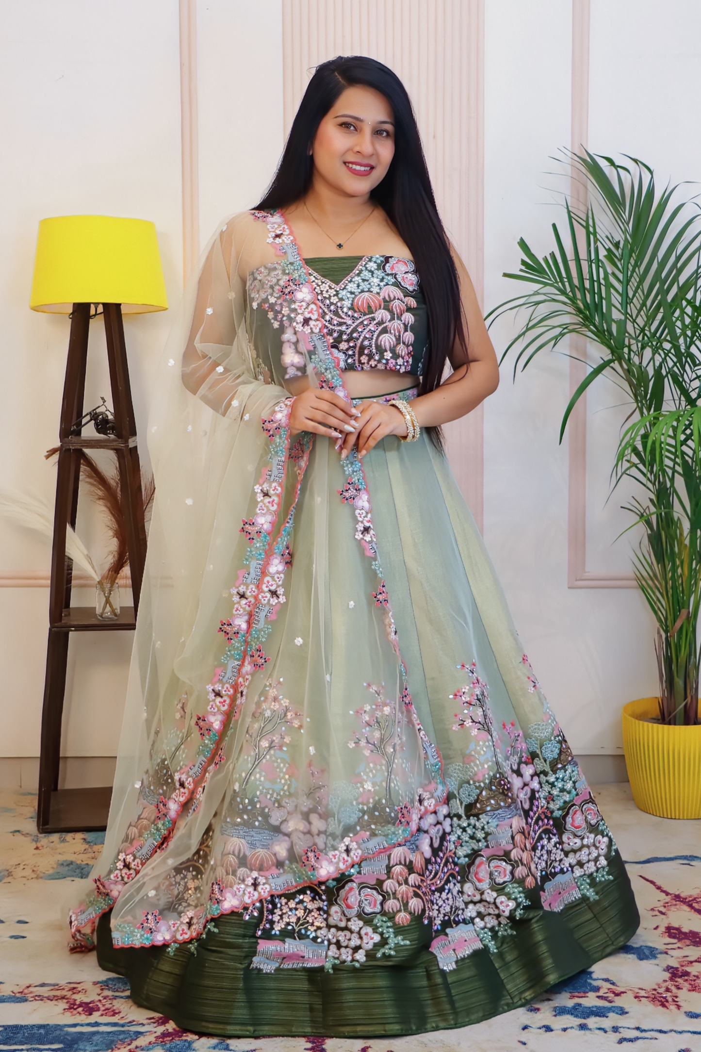 Green Chinnon Silk Unstitched Lehenga