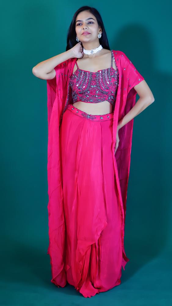 Pink Georgette Dhoti Style Dress with Shrug