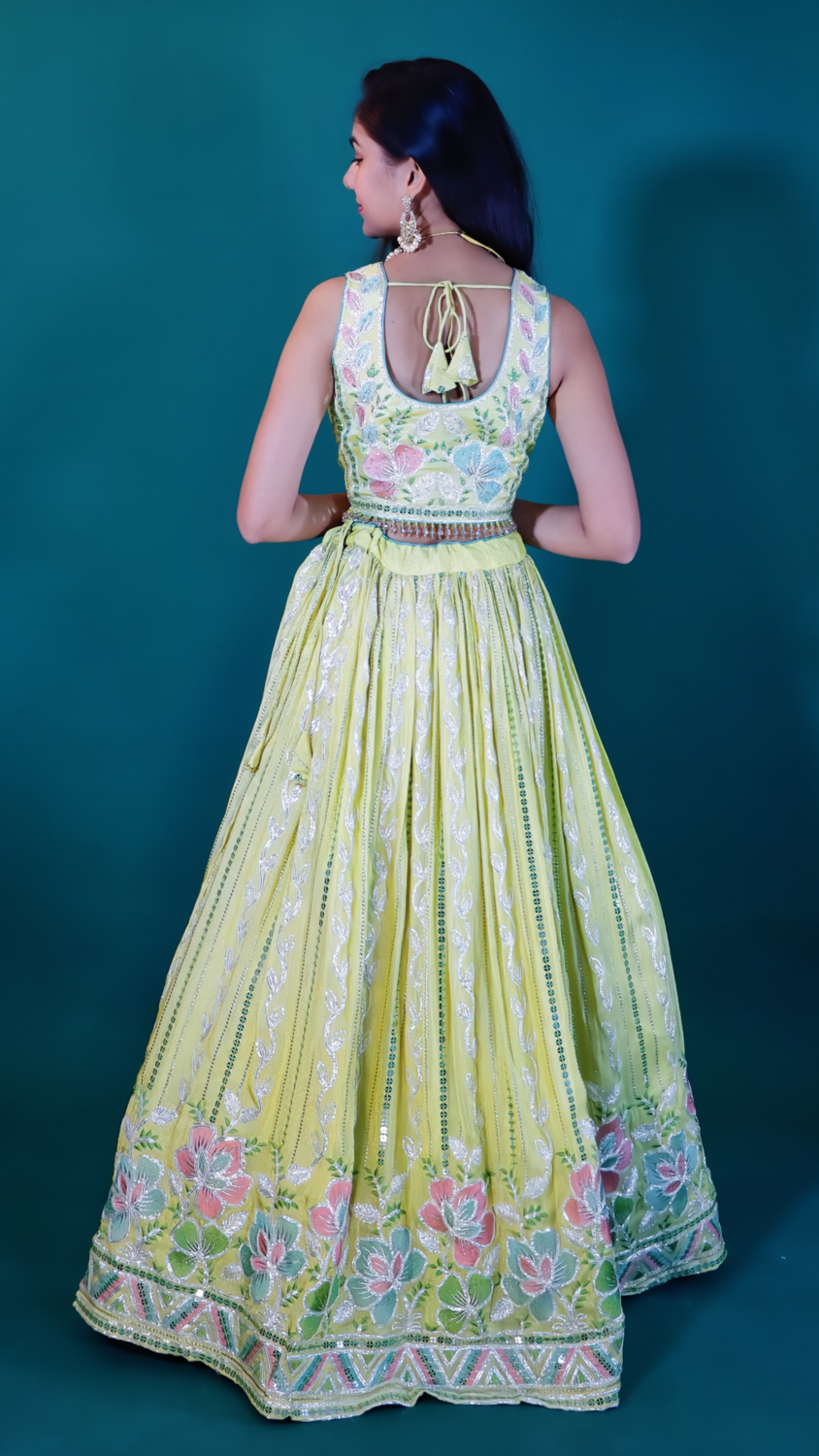 Elegant Yellow Thread Embroidered Lehenga