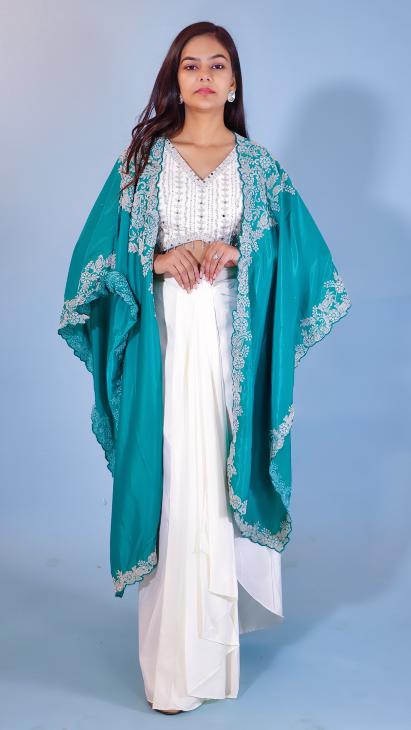Off-White & Green Dhoti Style Dress with Shrug