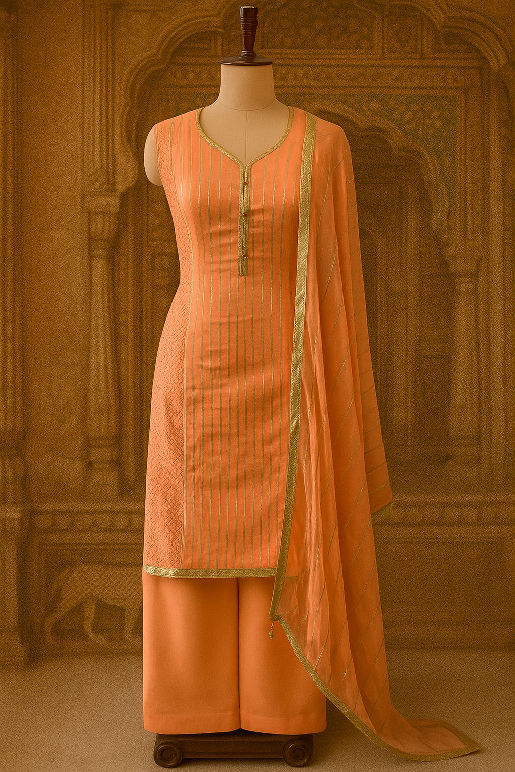 Peach Gold Striped Kurta Set with Organza Dupatta & Palazzo Pants