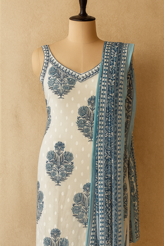 Blue Cotton Kurti Set with Pant & Dupatta