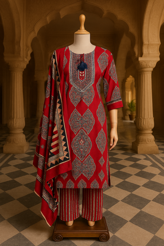 Red Cotton Stitched Suit with Printed Design