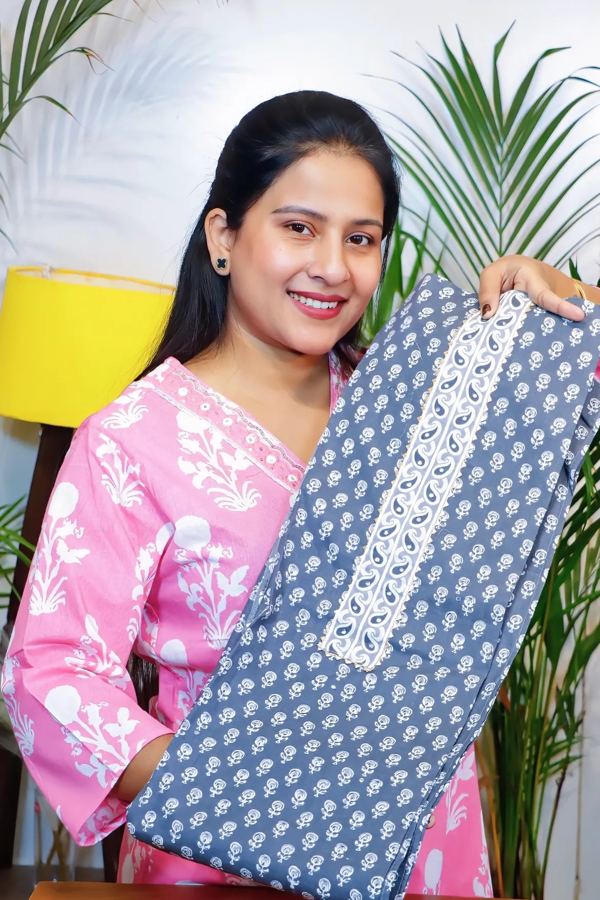 Cotton unstitched suit set in leaf print, kurta fabric with embroidered placket