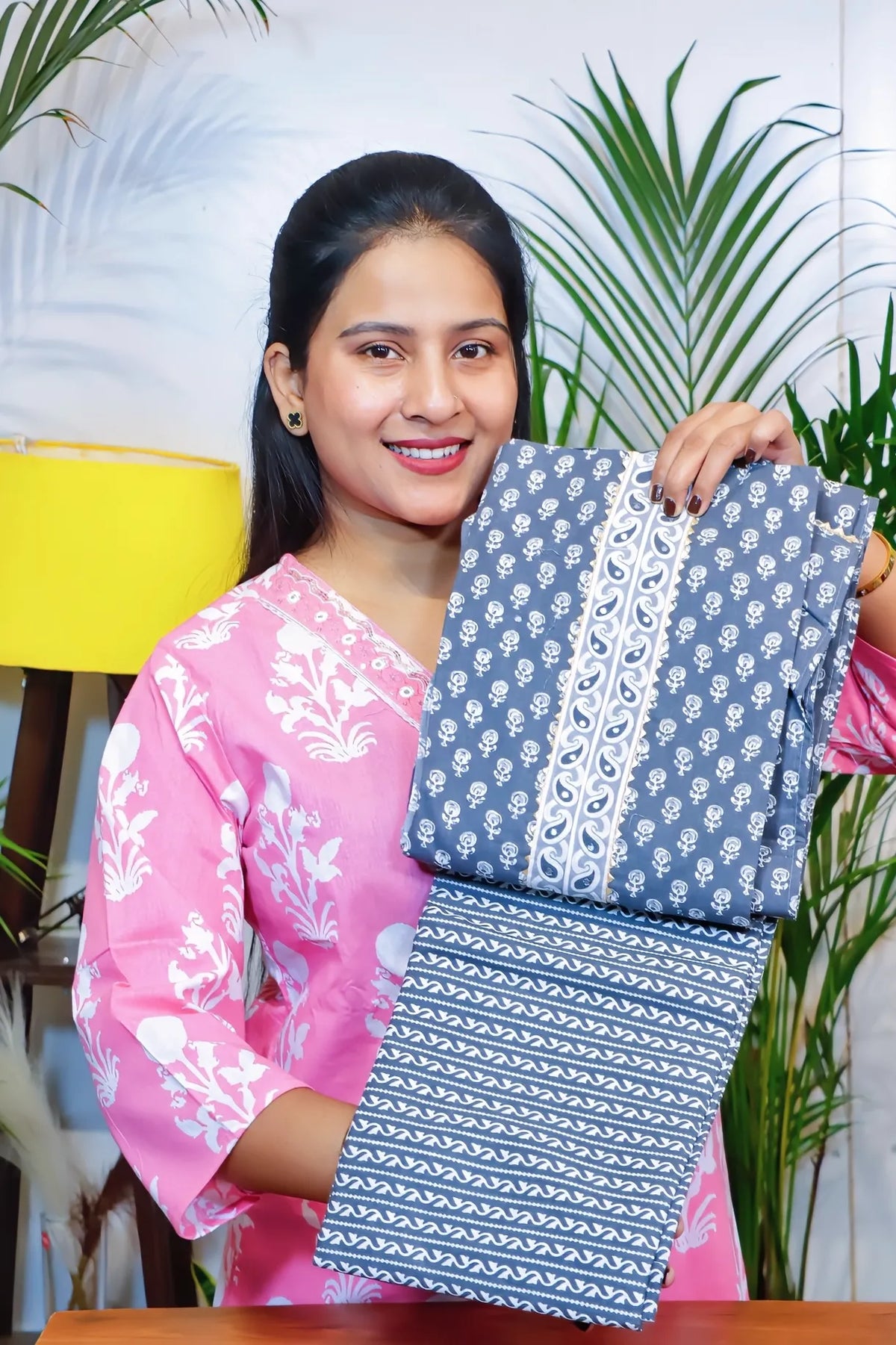 Cotton unstitched suit set in leaf print, kurta and bottom fabric