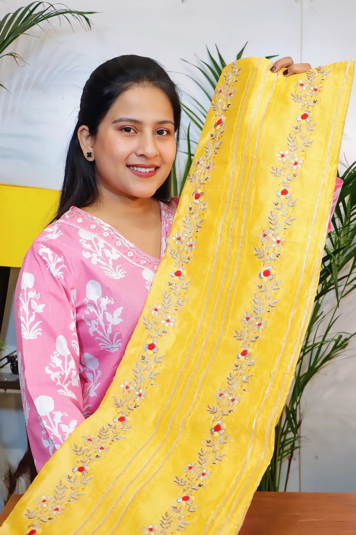 Sunshine yellow unstitched suit set, dupatta held open