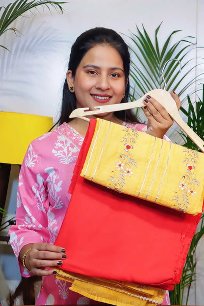 Sunshine yellow unstitched suit set, kurta fabric with the contrast fabric