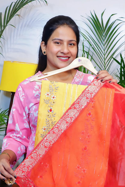 Sunshine yellow unstitched suit set, kurta fabric and orange dupatta